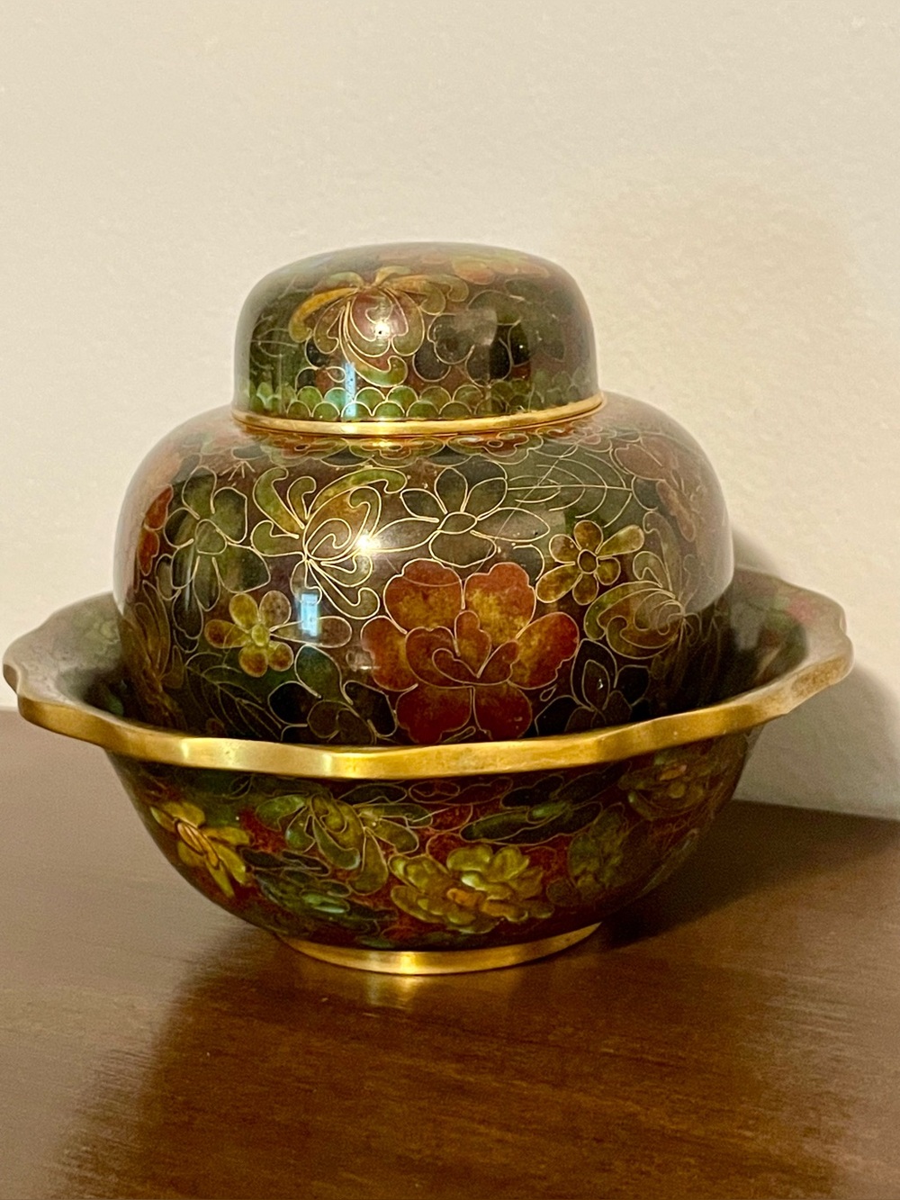 MCM Chinese Cloisonné Ginger Jar with Matching Presentation Bowl - 2pc Set